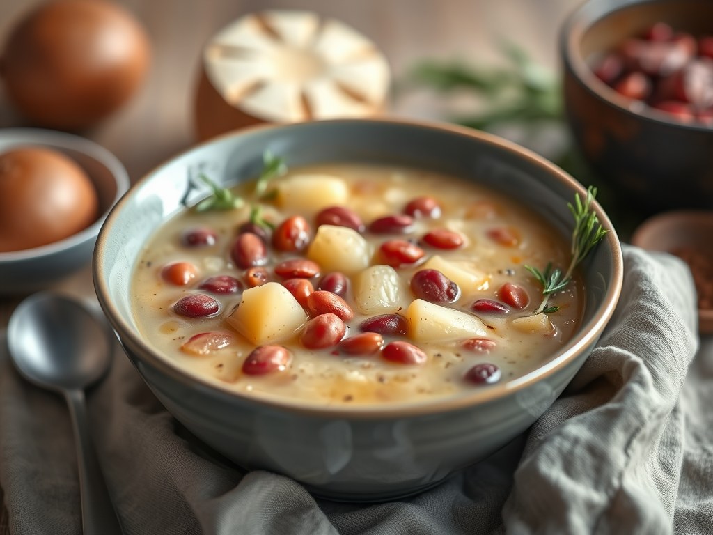 Aardappel-preisoep met rode bonen, AI-gegenereerde illustratie