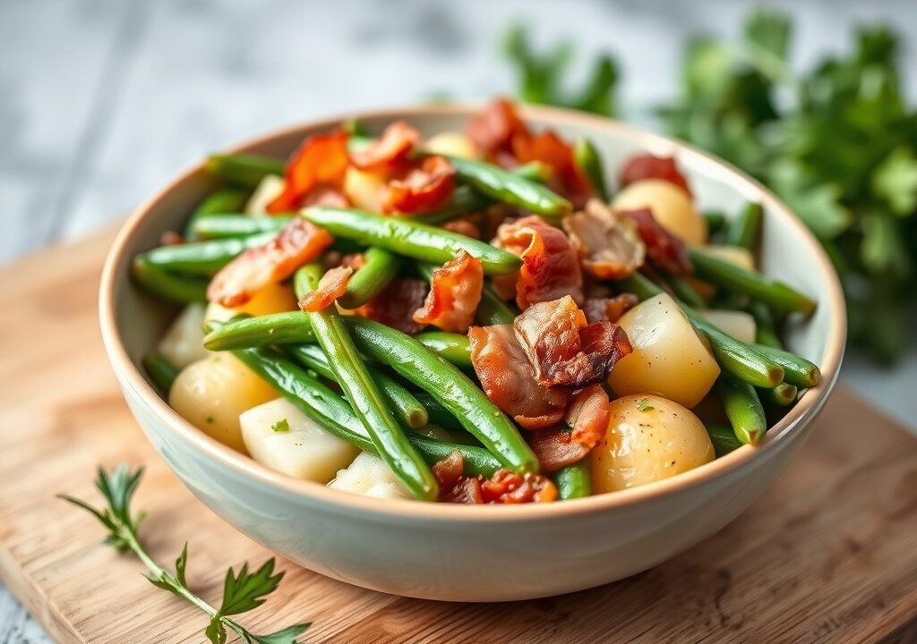 Aardappel sperziebonenschotel met spek — AI-gegenereerde illustratie