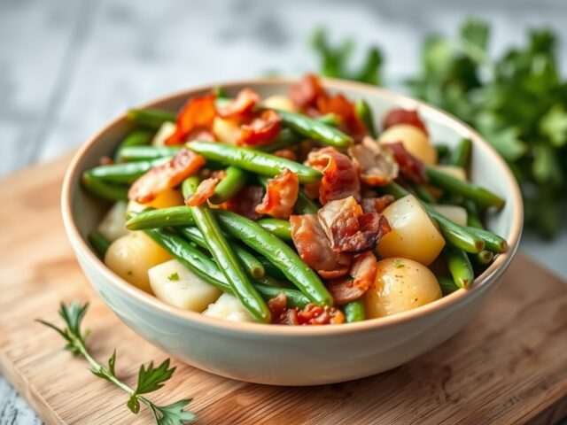 Aardappel sperziebonenschotel met spek — AI-gegenereerde illustratie