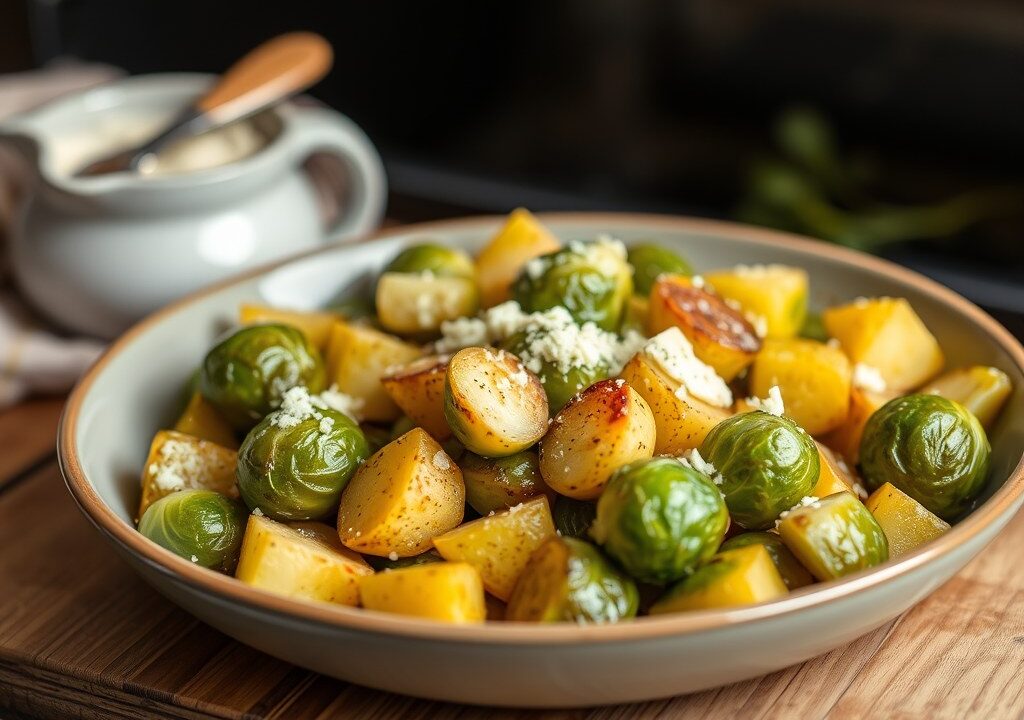 Aardappel spruitjes schotel uit de oven — AI-gegenereerde illustratie