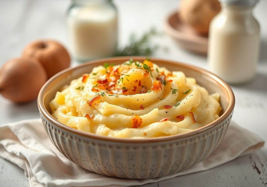 Aardappel-uienpuree uit de oven — AI-gegenereerde illustratie