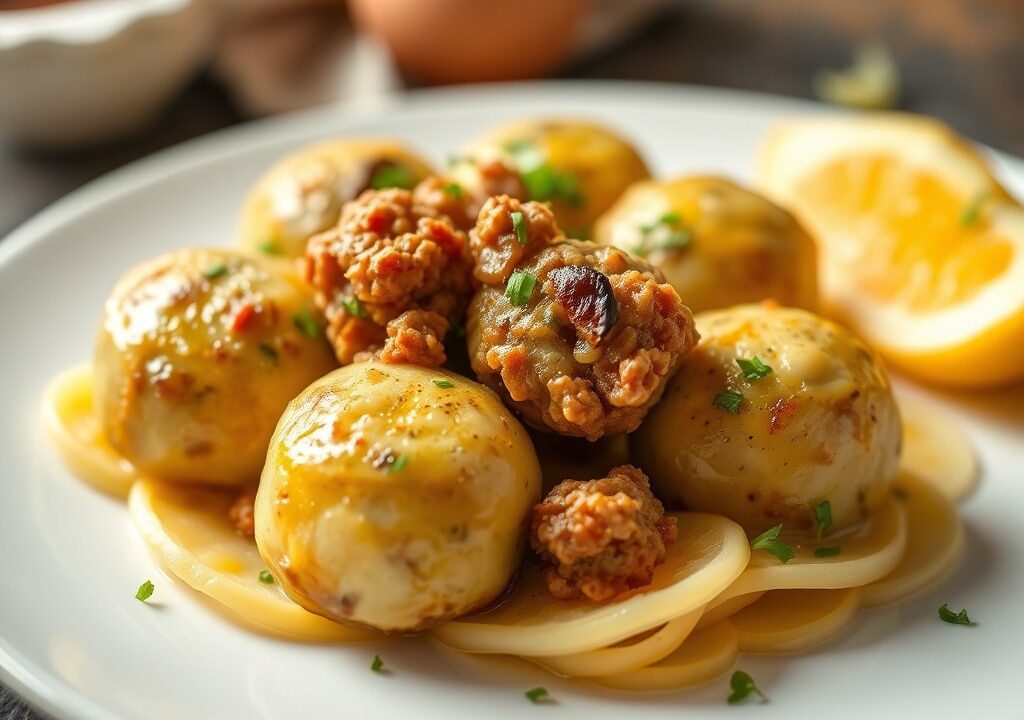 Aardappelballetjes gevuld met gehakt — AI-gegenereerde illustratie