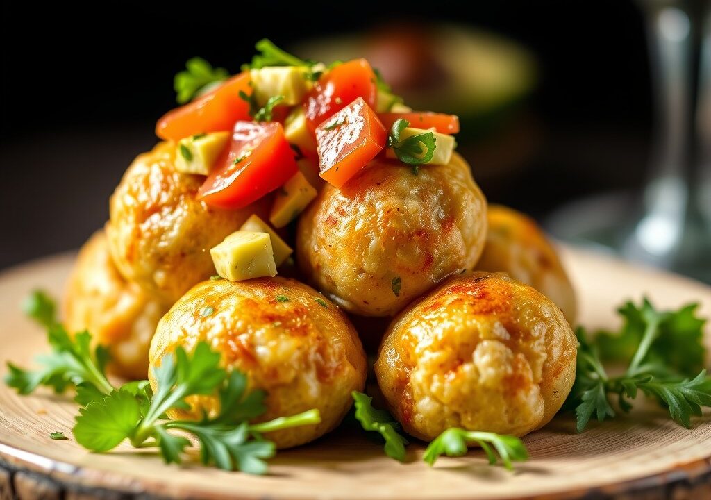 Aardappelballetjes met salsa van avocado en tomaat, AI-gegenereerde illustratie