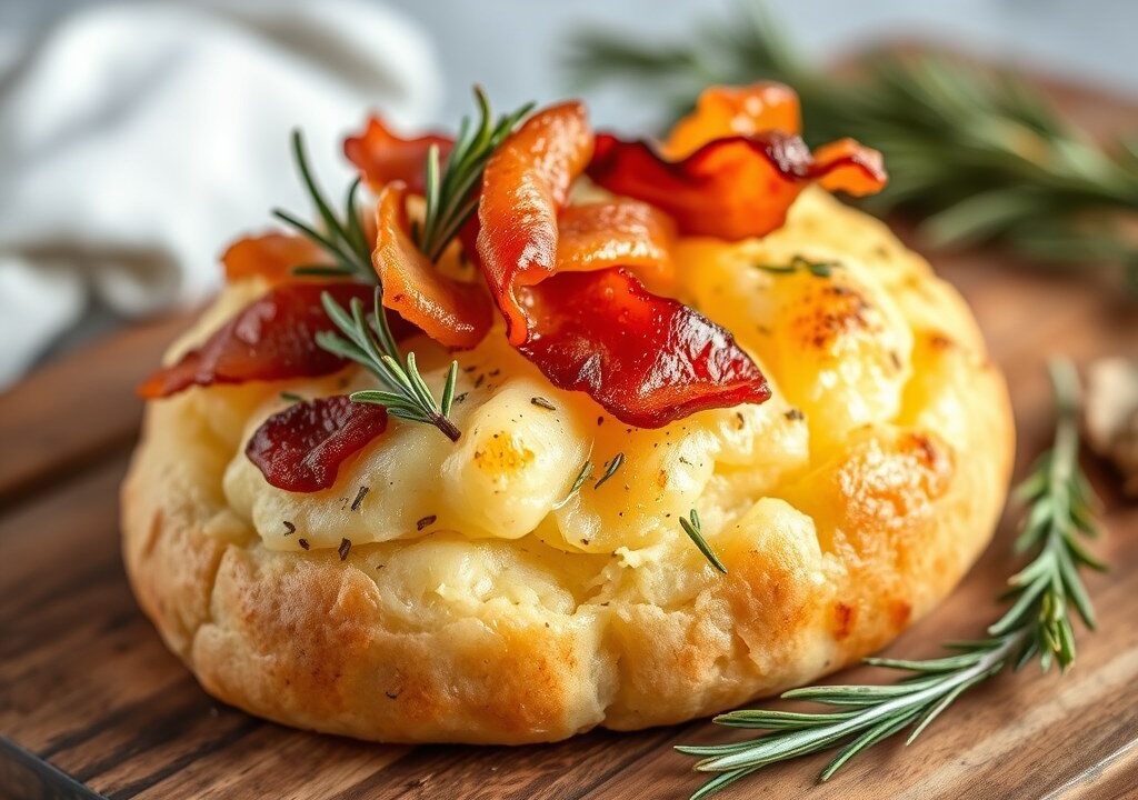Aardappelbrood met spekjes en rozemarijn — AI-gegenereerde illustratie