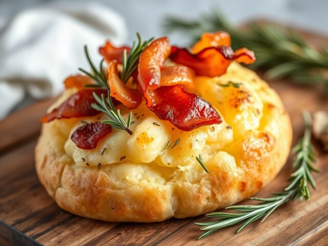 Aardappelbrood met spekjes en rozemarijn — AI-gegenereerde illustratie