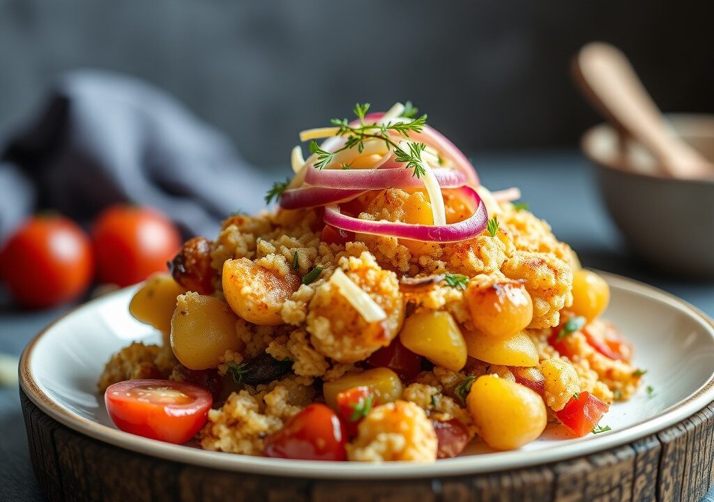 Aardappelcrumble met griet en venkel, AI-gegenereerde illustratie