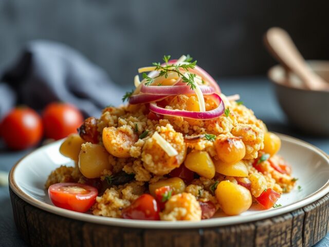 Aardappelcrumble met griet en venkel — AI-gegenereerde illustratie