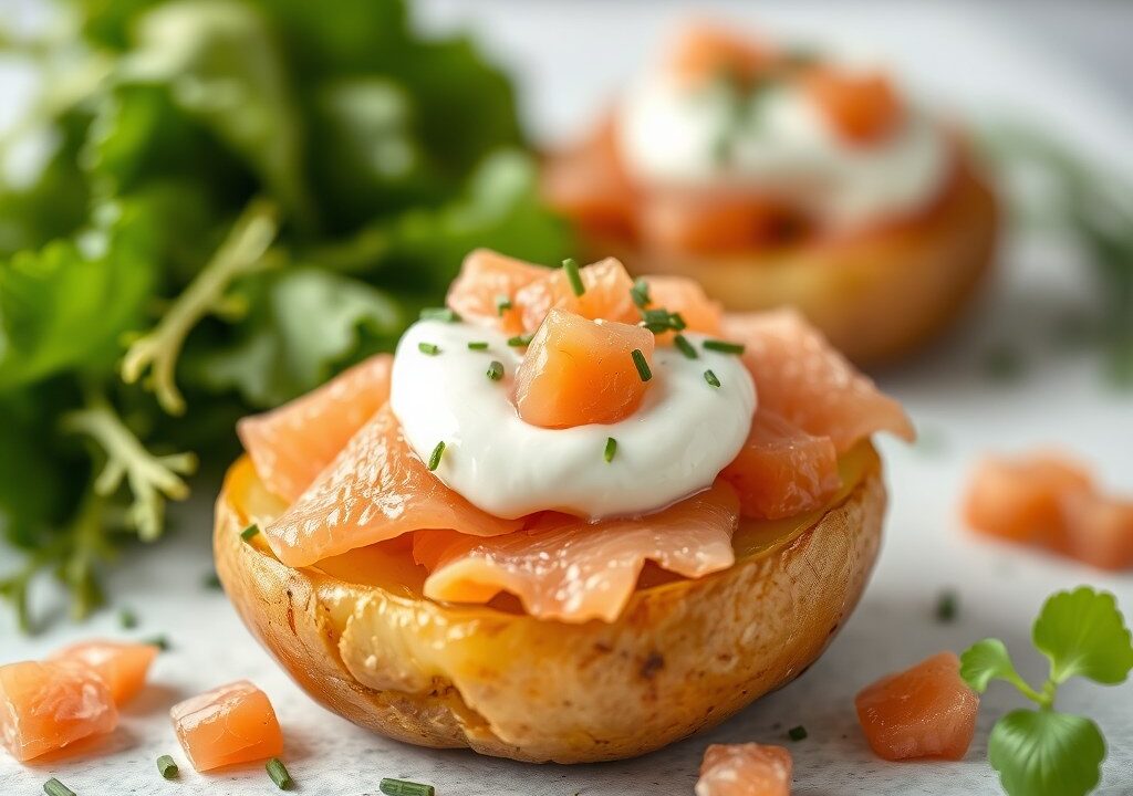 Aardappelen gevuld met gerookte zalm en kruidencrème — AI-gegenereerde illustratie