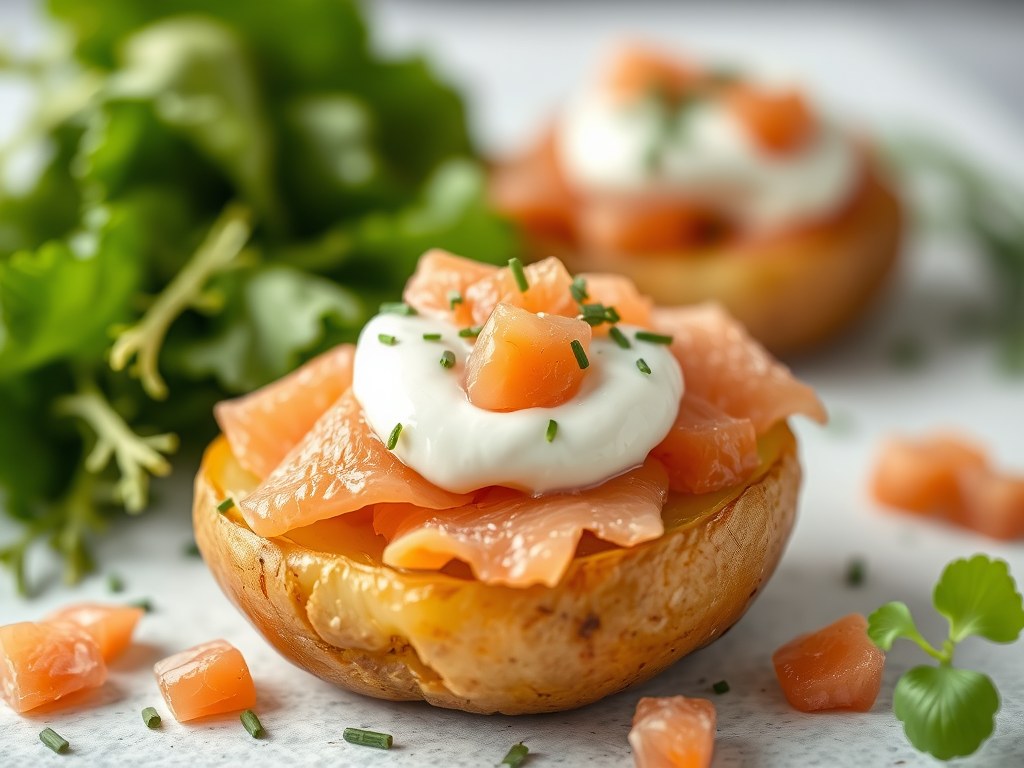 Aardappelen gevuld met gerookte zalm en kruidencrème, AI-gegenereerde illustratie