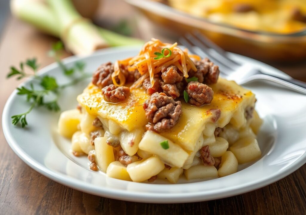 Aardappelgratin met rundgehakt en prei — AI-gegenereerde illustratie