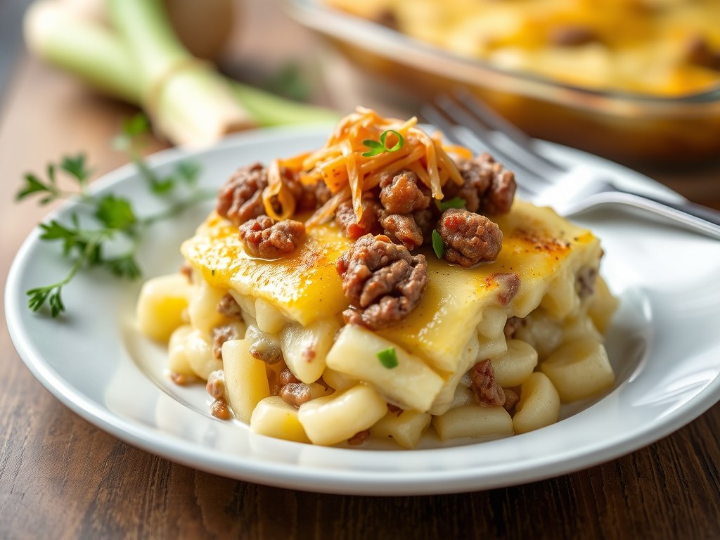 Aardappelgratin met rundgehakt en prei, AI-gegenereerde illustratie