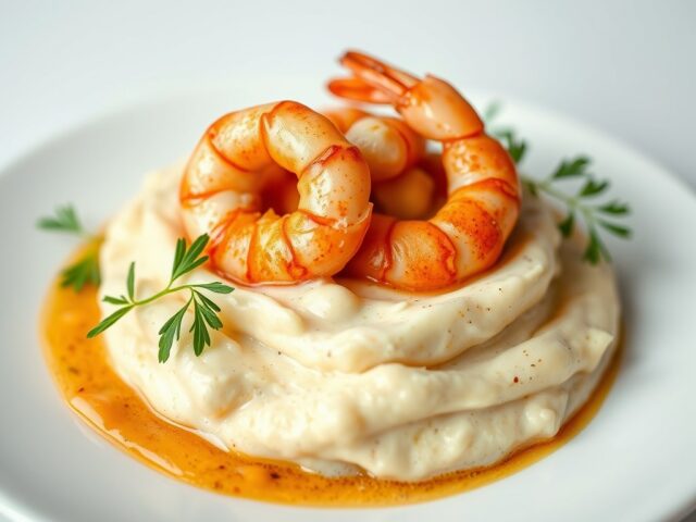 Aardappelmousseline met garnalen en een kreeftenbotersausje — AI-gegenereerde illustratie