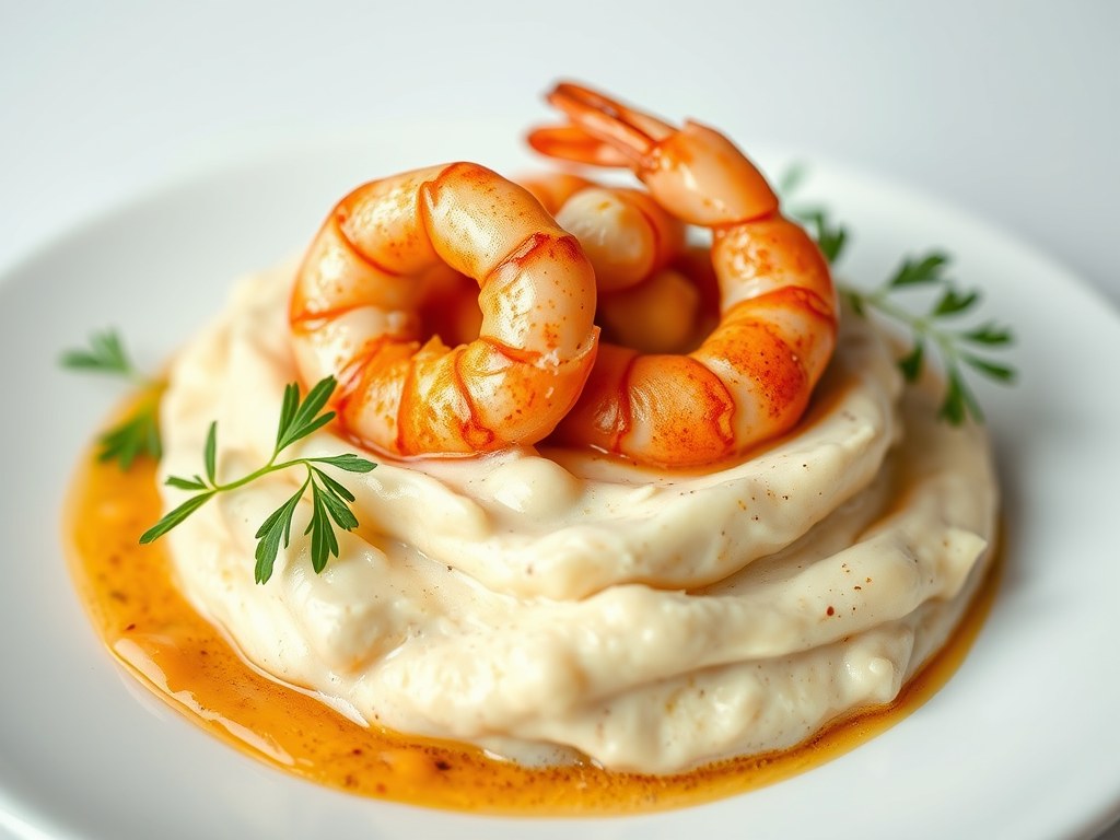 Aardappelmousseline met garnalen en een kreeftenbotersausje, AI-gegenereerde illustratie