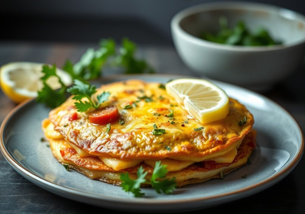 Aardappelomelet met chorizo en peterseliesalade, AI-gegenereerde illustratie