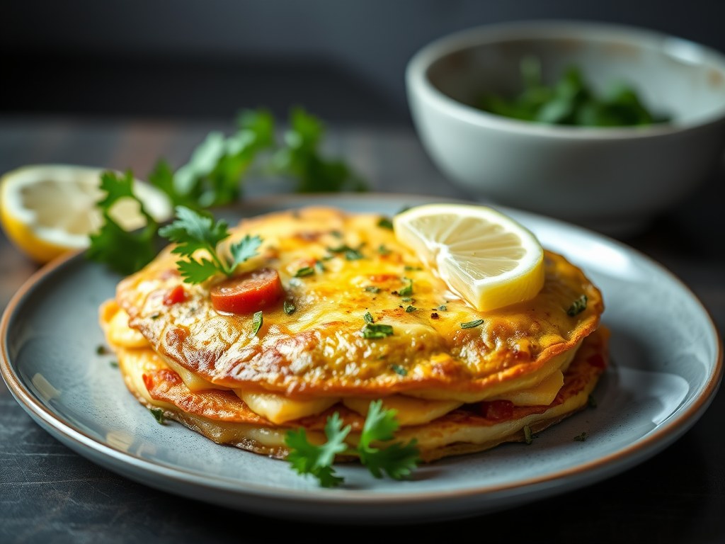 Aardappelomelet met chorizo en peterseliesalade, AI-gegenereerde illustratie
