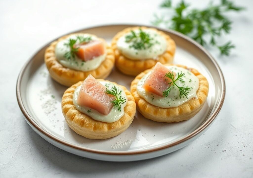 Aardappelpannekoekjes met Gerookte Vis en Dille-crême, AI-gegenereerde illustratie