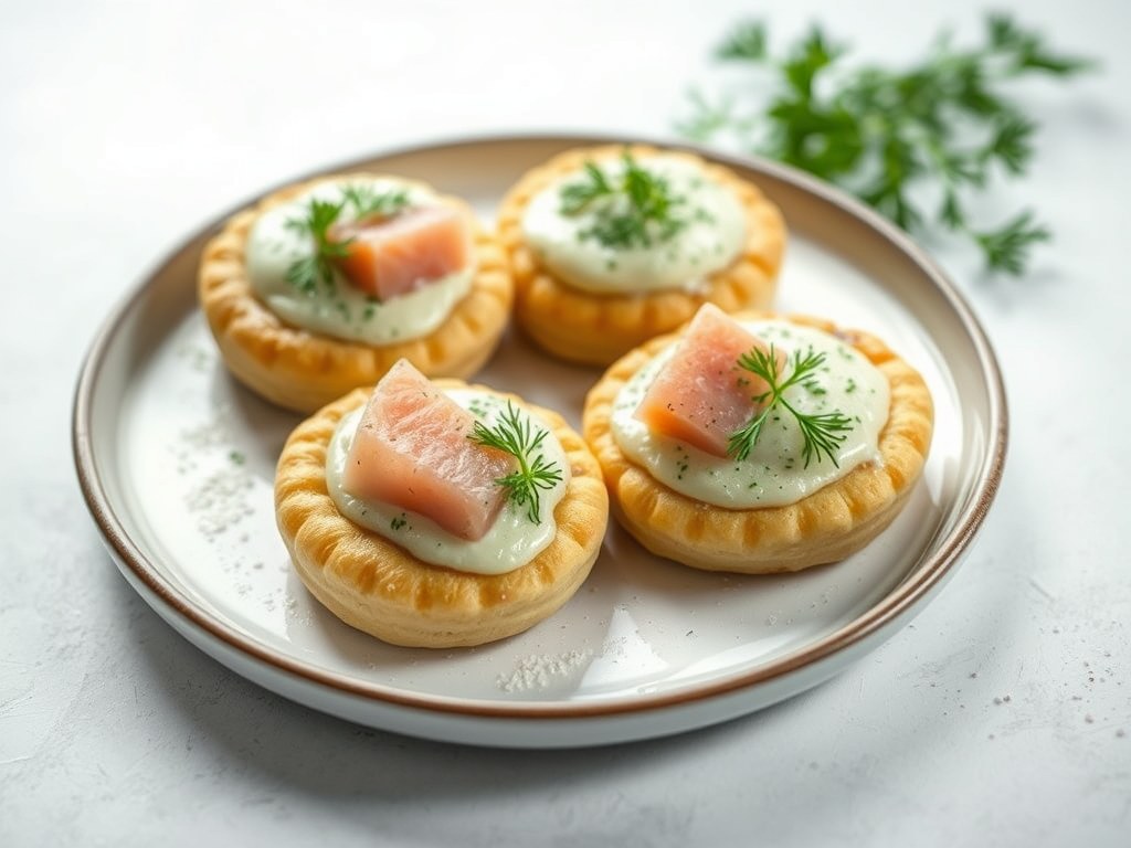 Aardappelpannekoekjes met Gerookte Vis en Dille-crême, AI-gegenereerde illustratie