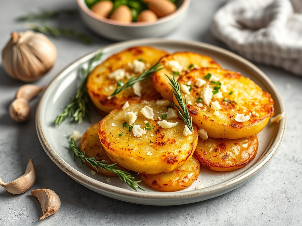 Aardappelplakjes met knoflook en kaas, AI-gegenereerde illustratie