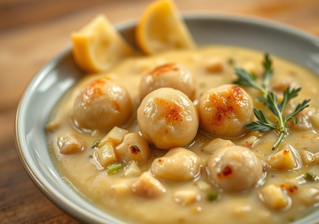 Aardappelpreisoep met zalmballetjes — AI-gegenereerde illustratie