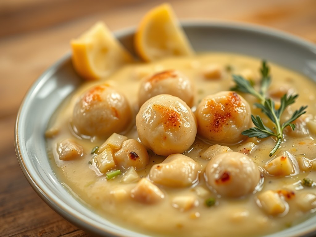 Aardappelpreisoep met zalmballetjes, AI-gegenereerde illustratie