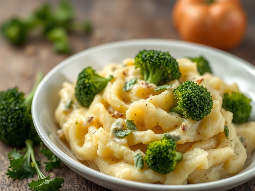 Aardappelpuree met broccoli, AI-gegenereerde illustratie