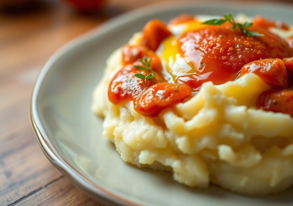 Aardappelpuree met gepocheerd ei, chorizo en tomatencoulis — AI-gegenereerde illustratie