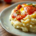Aardappelpuree met gepocheerd ei, chorizo en tomatencoulis