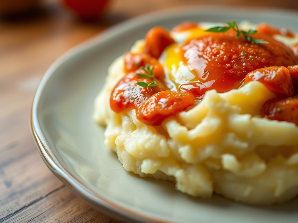 Aardappelpuree met gepocheerd ei, chorizo en tomatencoulis, AI-gegenereerde illustratie