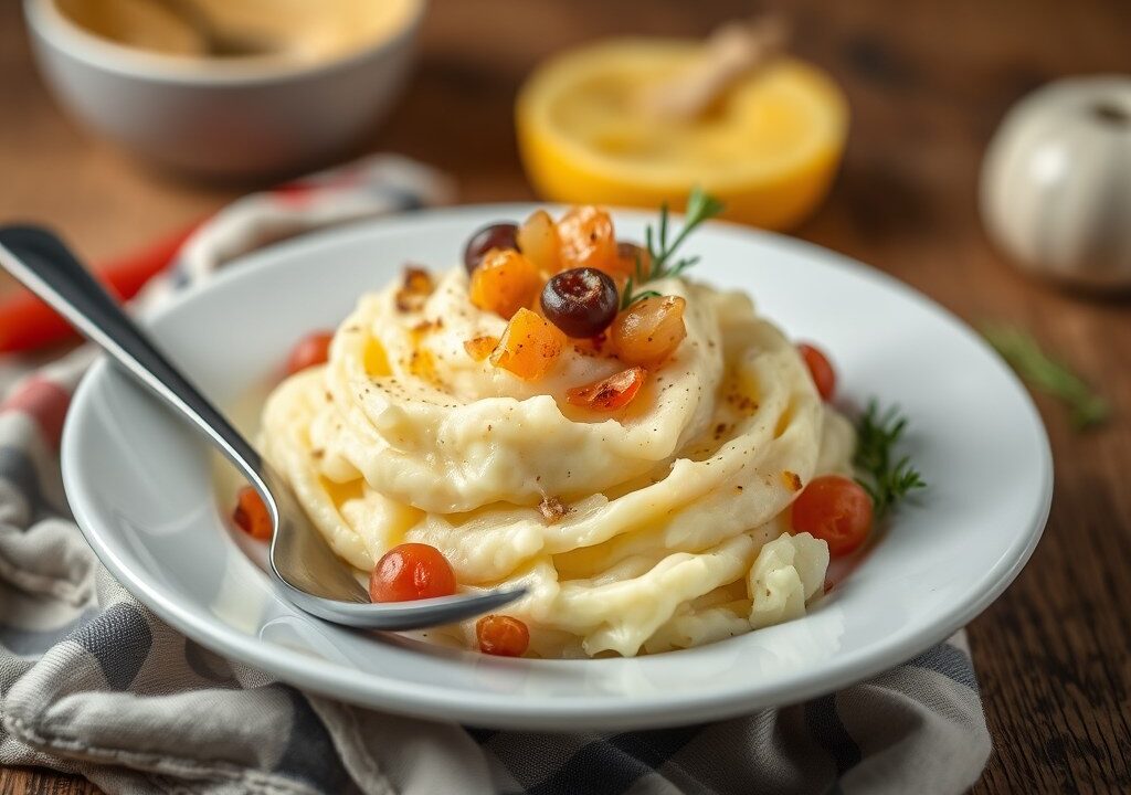 Aardappelpuree met raapjes, AI-gegenereerde illustratie