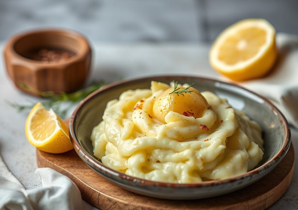 Aardappelpuree met witloof en oesterzwammen — AI-gegenereerde illustratie