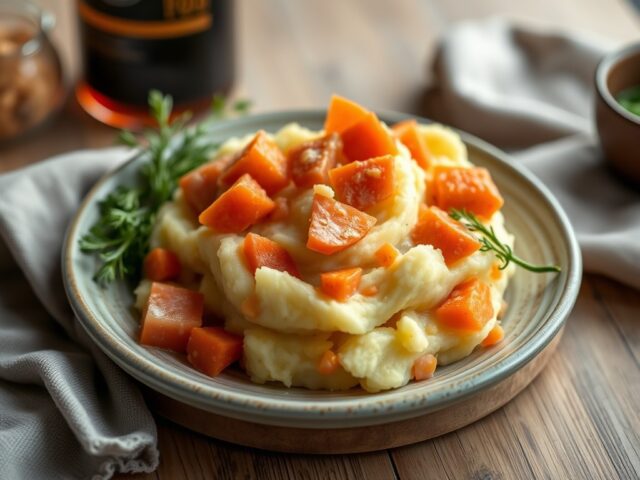 Aardappelpuree met wortelen, witloof en ham — AI-gegenereerde illustratie