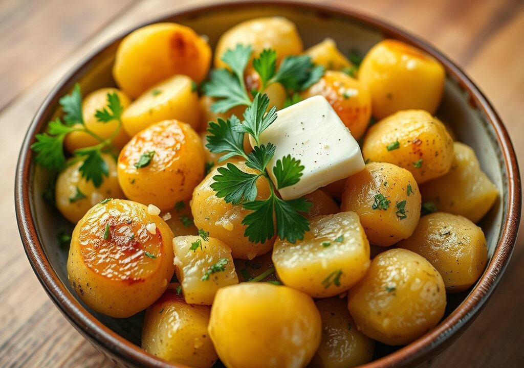 Aardappels gekookt en versierd, AI-gegenereerde illustratie