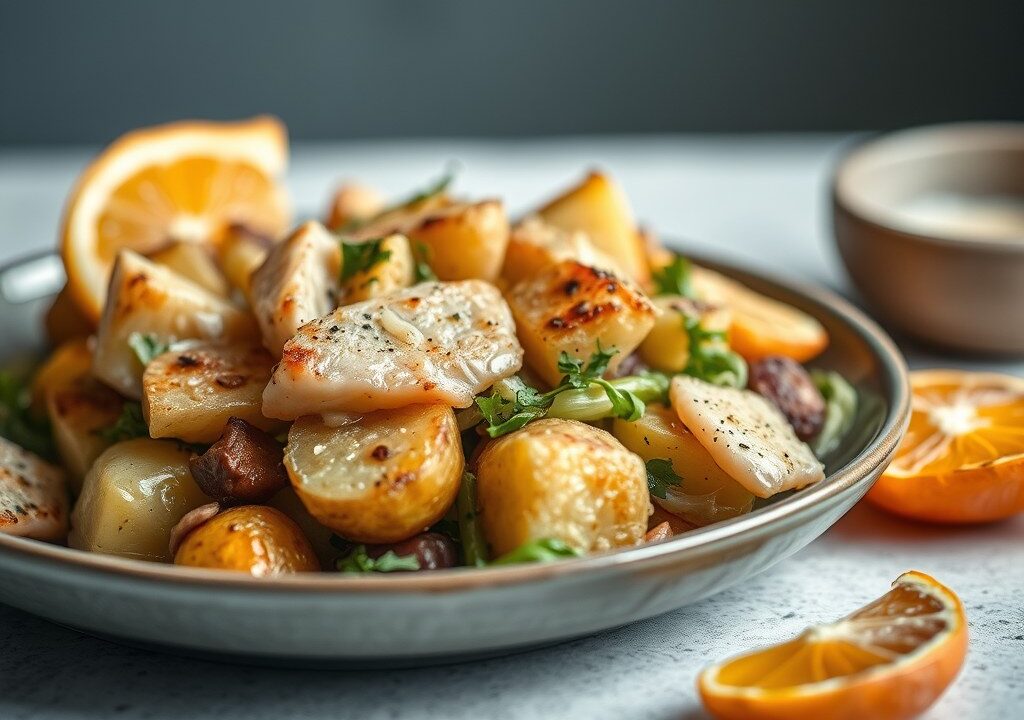 Aardappelsalade met geroosterde prei, gerookte makreel en citrusvinaigrette — AI-gegenereerde illustratie