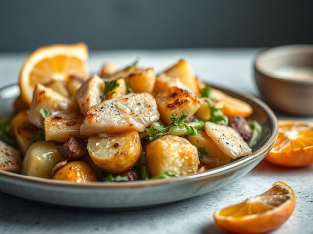 Aardappelsalade met geroosterde prei, gerookte makreel en citrusvinaigrette — AI-gegenereerde illustratie