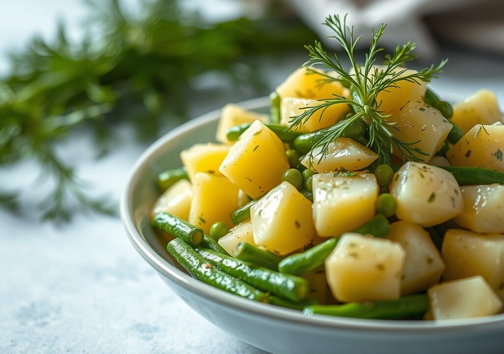 Aardappelsalade met groene bonen, dille en maatjes — AI-gegenereerde illustratie
