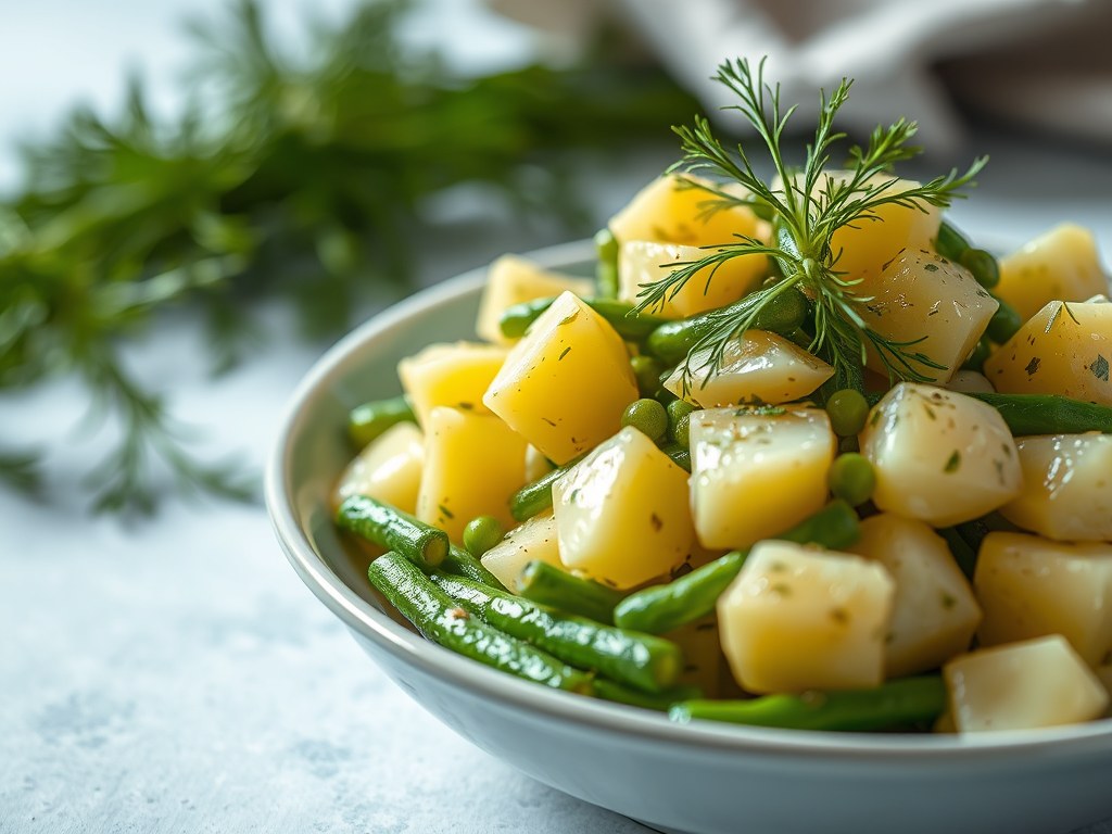 Aardappelsalade met groene bonen, dille en maatjes, AI-gegenereerde illustratie