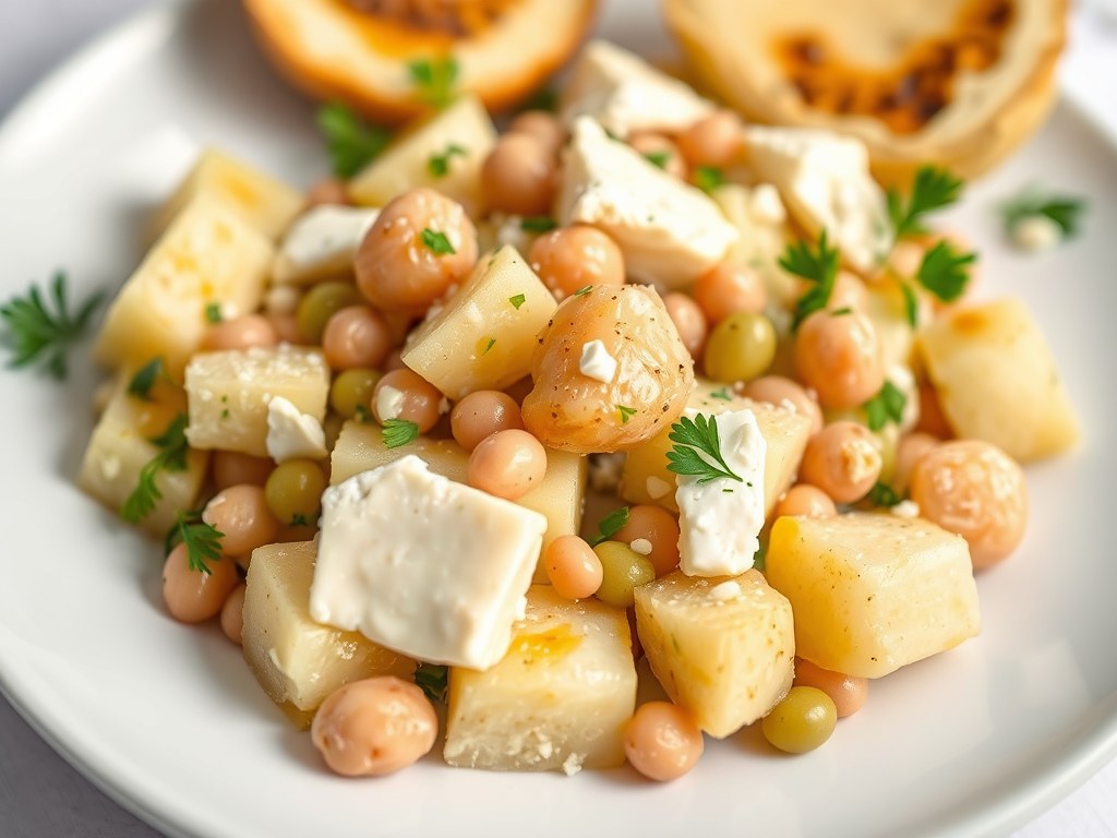 Aardappelsalade met kaas, AI-gegenereerde illustratie