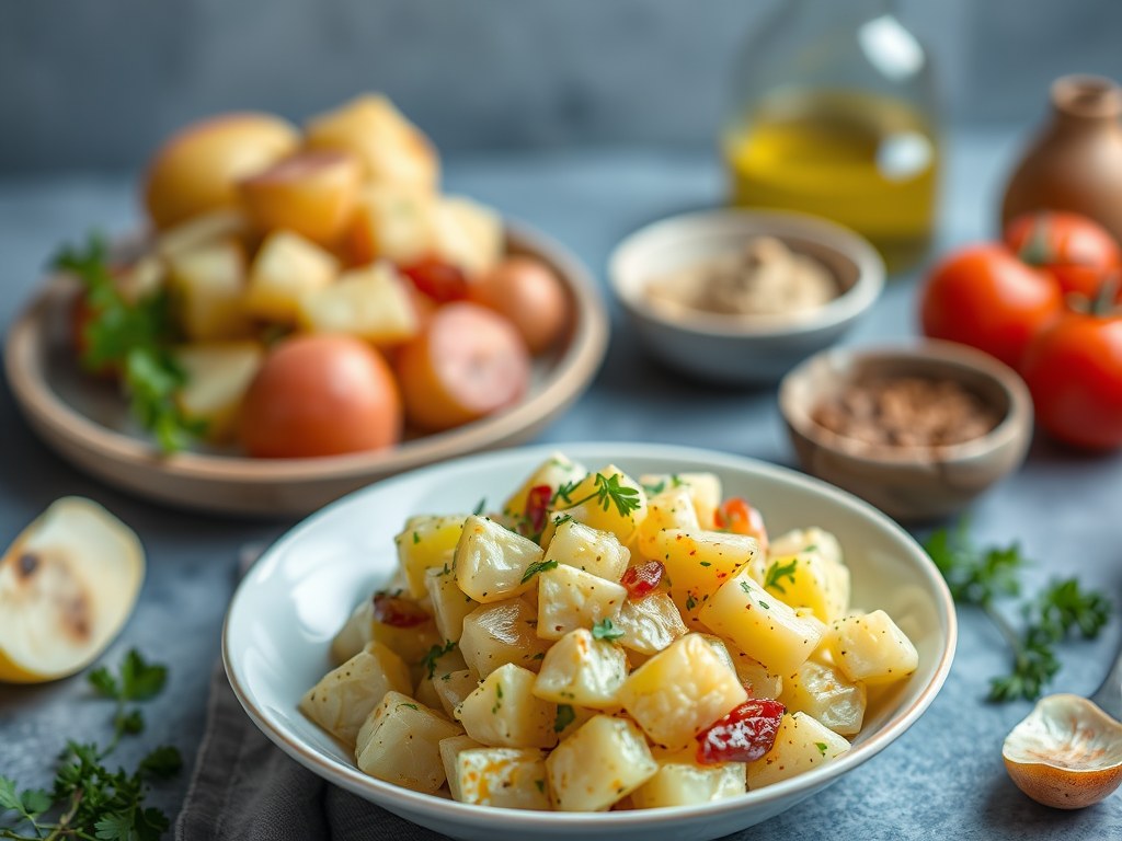 Aardappelsalade met pittige dressing, AI-gegenereerde illustratie