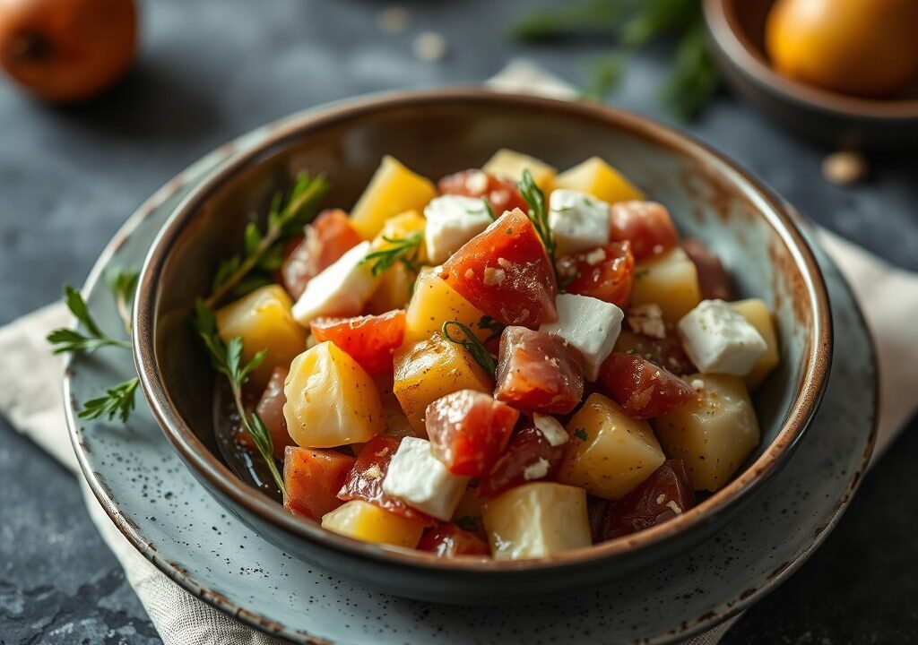 Aardappelsalade met rauwe ham en geitenkaas, AI-gegenereerde illustratie