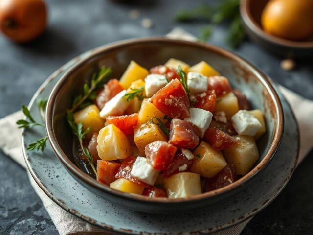 Aardappelsalade met rauwe ham en geitenkaas — AI-gegenereerde illustratie