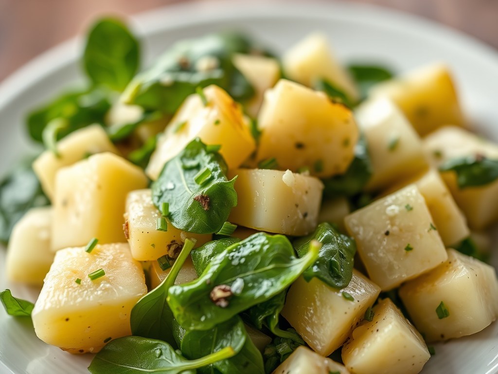 Aardappelsalade met spinazie en radijs, AI-gegenereerde illustratie