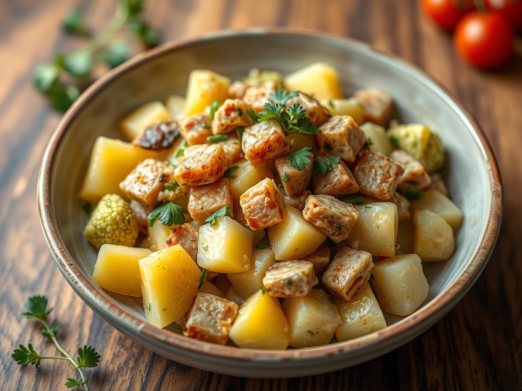 Aardappelsalade, met tonijn en balsamico azijn, AI-gegenereerde illustratie