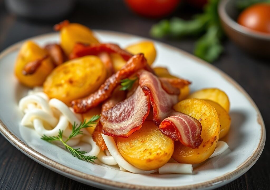 Aardappelschijfjes met spekreepjes, AI-gegenereerde illustratie