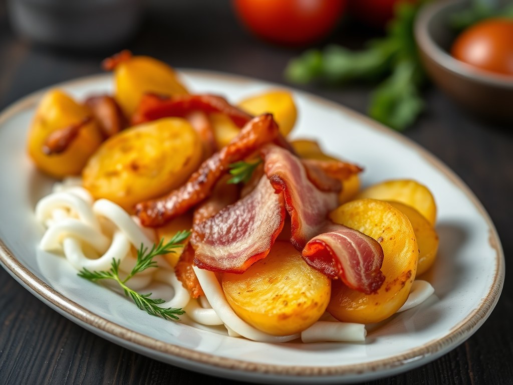 Aardappelschijfjes met spekreepjes, AI-gegenereerde illustratie