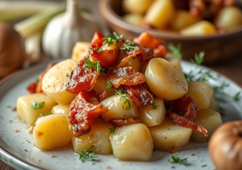 Aardappelschotel met prei en spekjes, AI-gegenereerde illustratie
