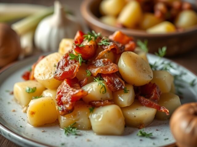 Aardappelschotel met prei en spekjes — AI-gegenereerde illustratie