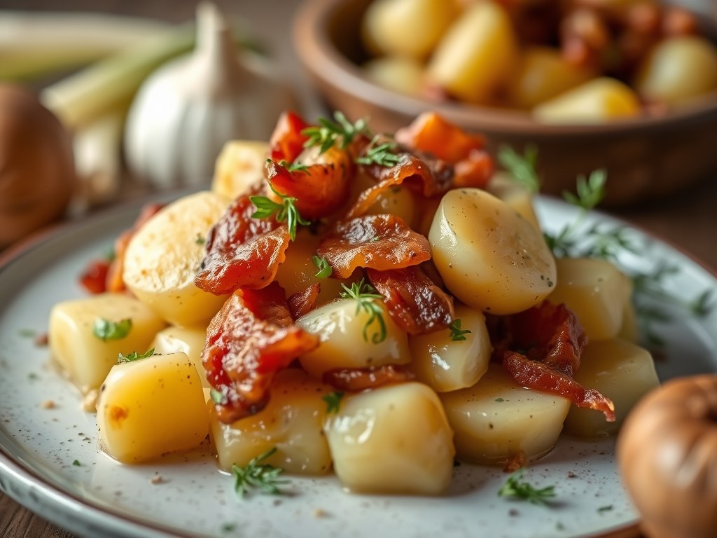 Aardappelschotel met prei en spekjes, AI-gegenereerde illustratie