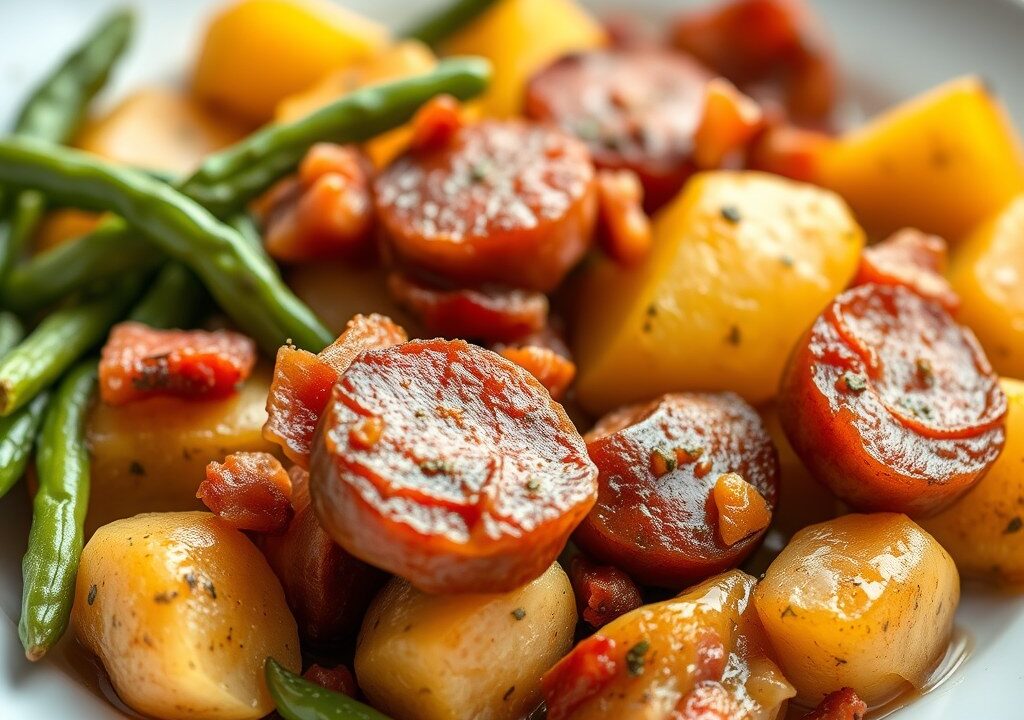 Aardappelschotel met salie en Sperziebonen — AI-gegenereerde illustratie