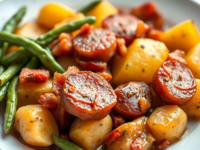 Aardappelschotel met salie en Sperziebonen — AI-gegenereerde illustratie