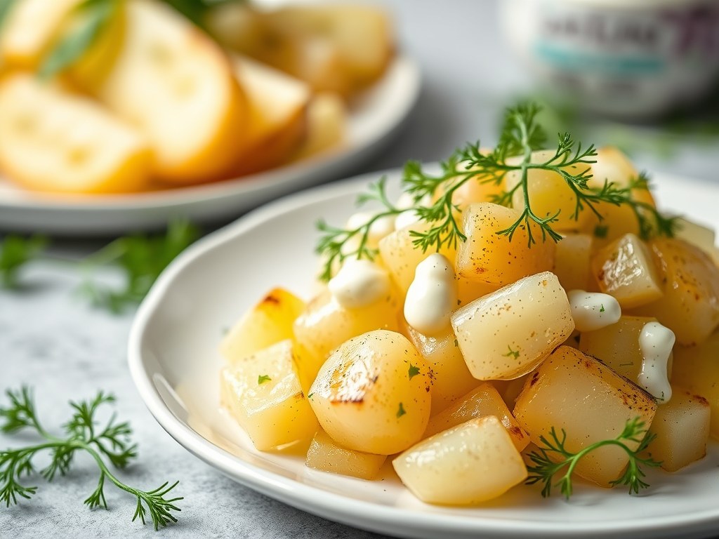 Aardappelsla met mosterd en dille, AI-gegenereerde illustratie